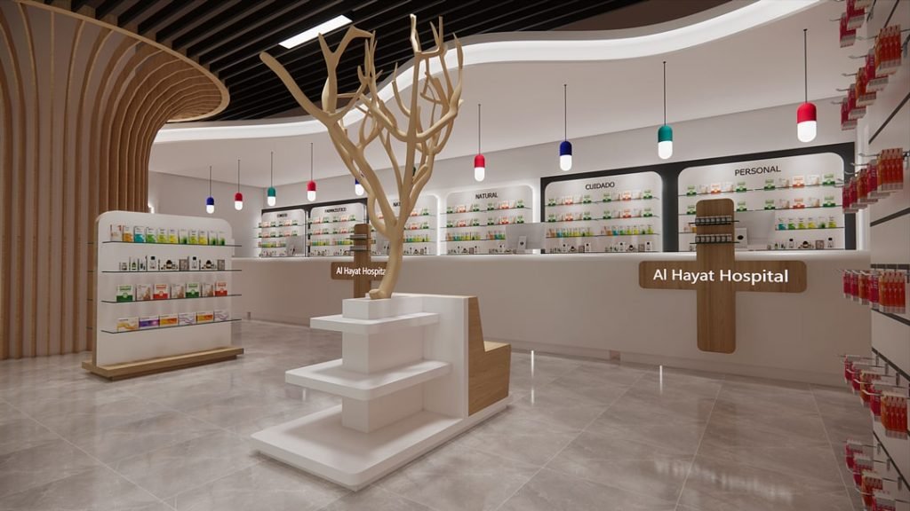 pharmacy counter and racks