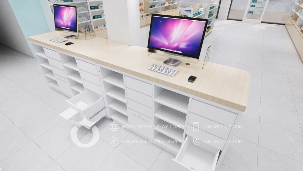 pharmacy shelves for medical shop interior design