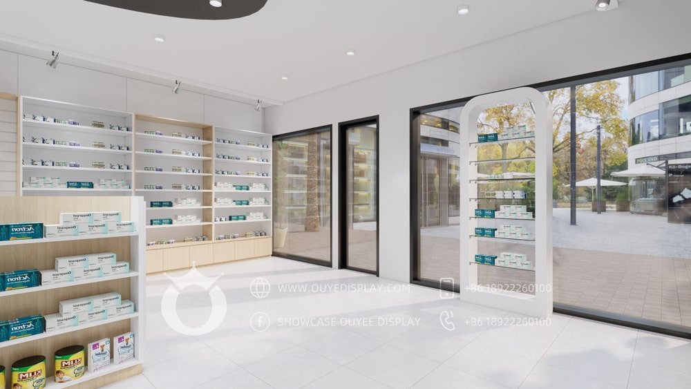 pharmacy shelves for medical shop interior design
