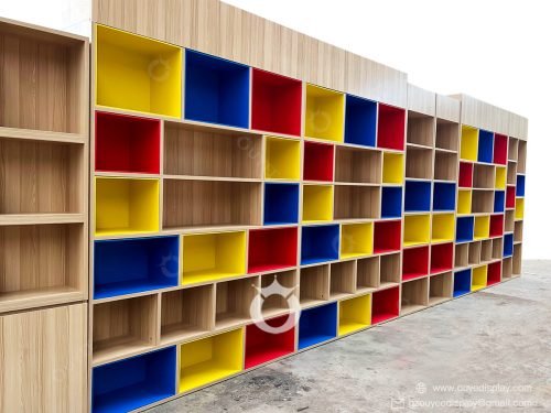 colorful wooden book shelves library modern design
