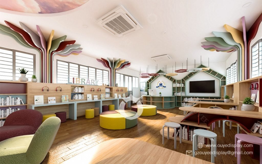 school reading room design wood book shelves