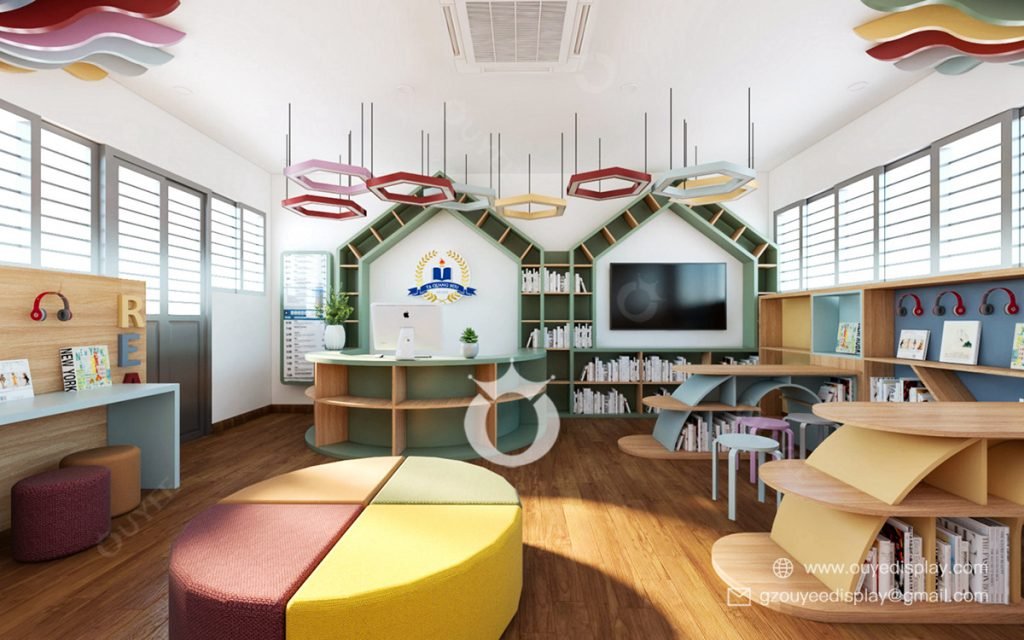 school reading room design wood book shelves