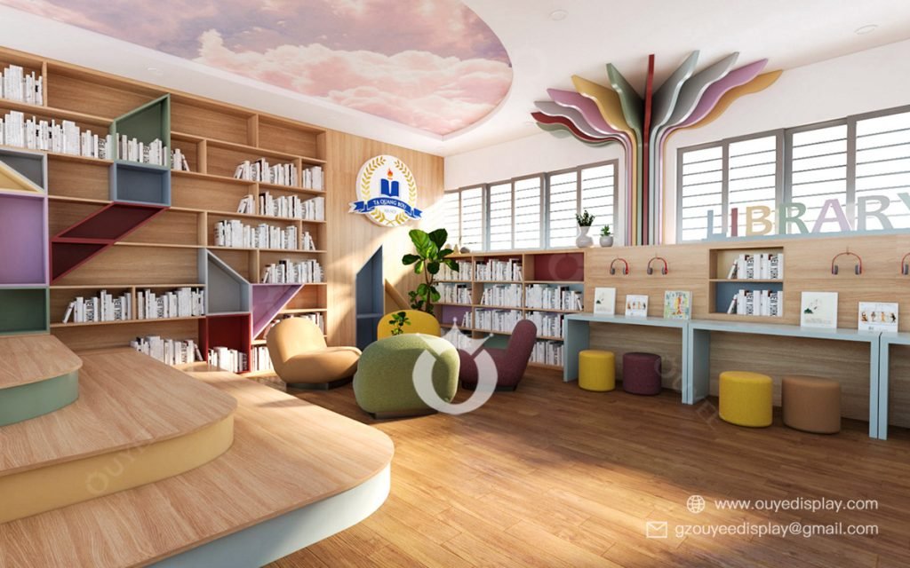 school reading room design wood book shelves