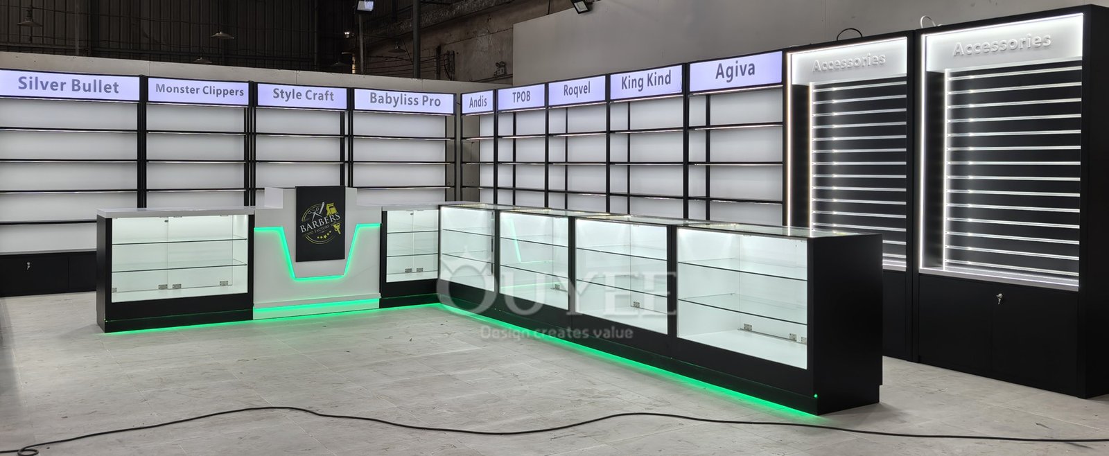 Black Barber Shop Display Rack Counter Set 01