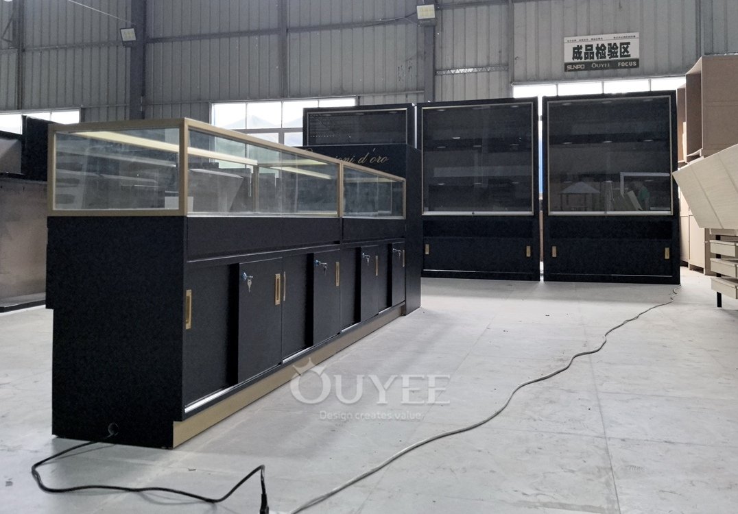 Black Counter and Wall Glass Showcase Set with Storage 01