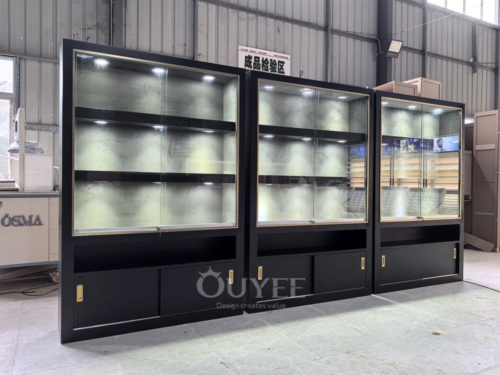 Black Counter and Wall Glass Showcase Set with Storage 02