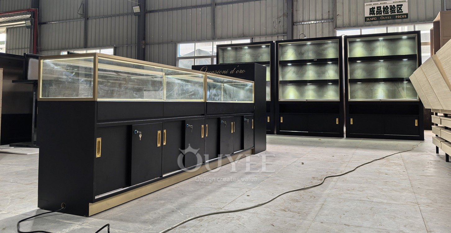 Black Counter and Wall Glass Showcase Set with Storage 04