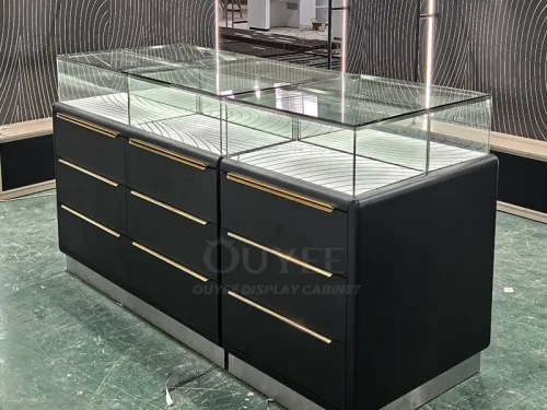 Black Drawer Base Glass Showcase Table with Brass Handles 01