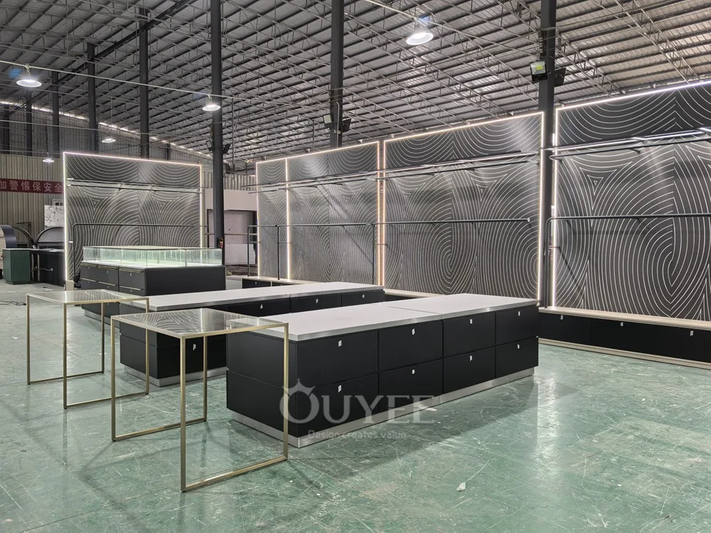 Black Drawer Base Glass Showcase Table with Brass Handles 02