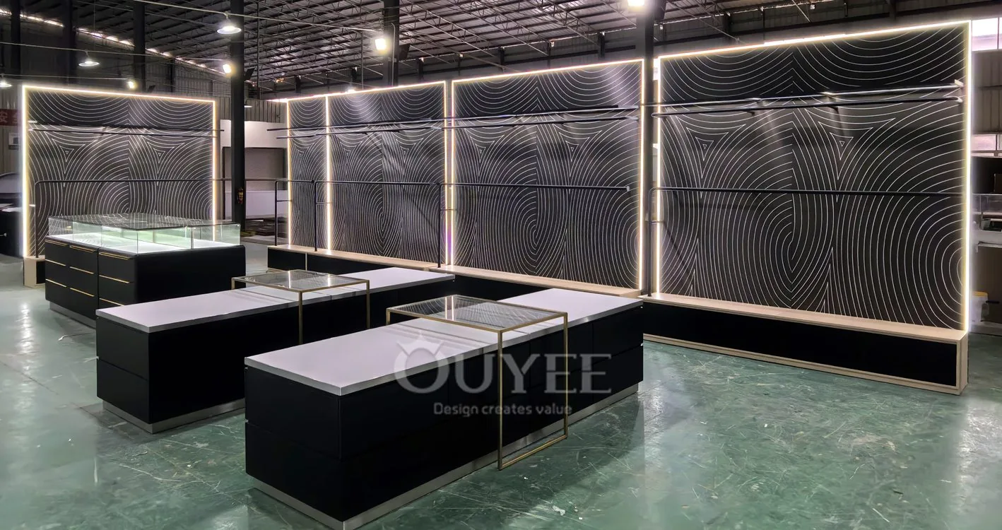 Black Drawer Base Glass Showcase Table with Brass Handles 03