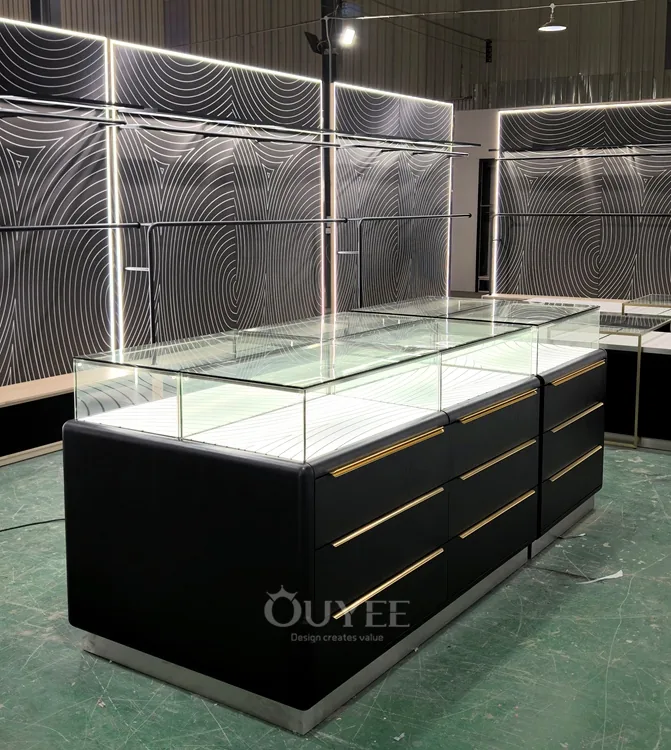 Black Drawer Base Glass Showcase Table with Brass Handles 04