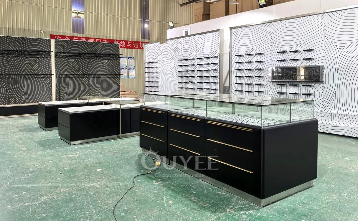 Black Drawer Base Glass Showcase Table with Brass Handles 06