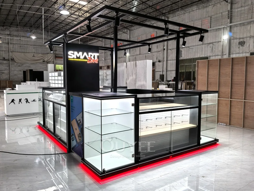 Black Framed Glass Showcase Kiosk with Canopy Lighting 01
