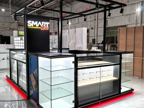 Black Framed Glass Showcase Kiosk with Canopy Lighting 01