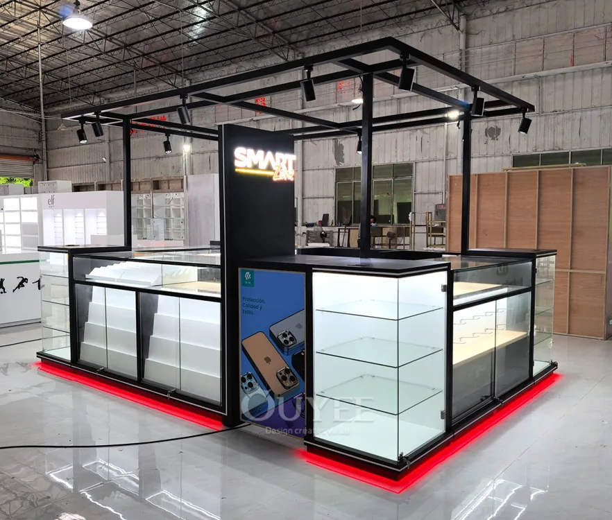 Black Framed Glass Showcase Kiosk with Canopy Lighting 02