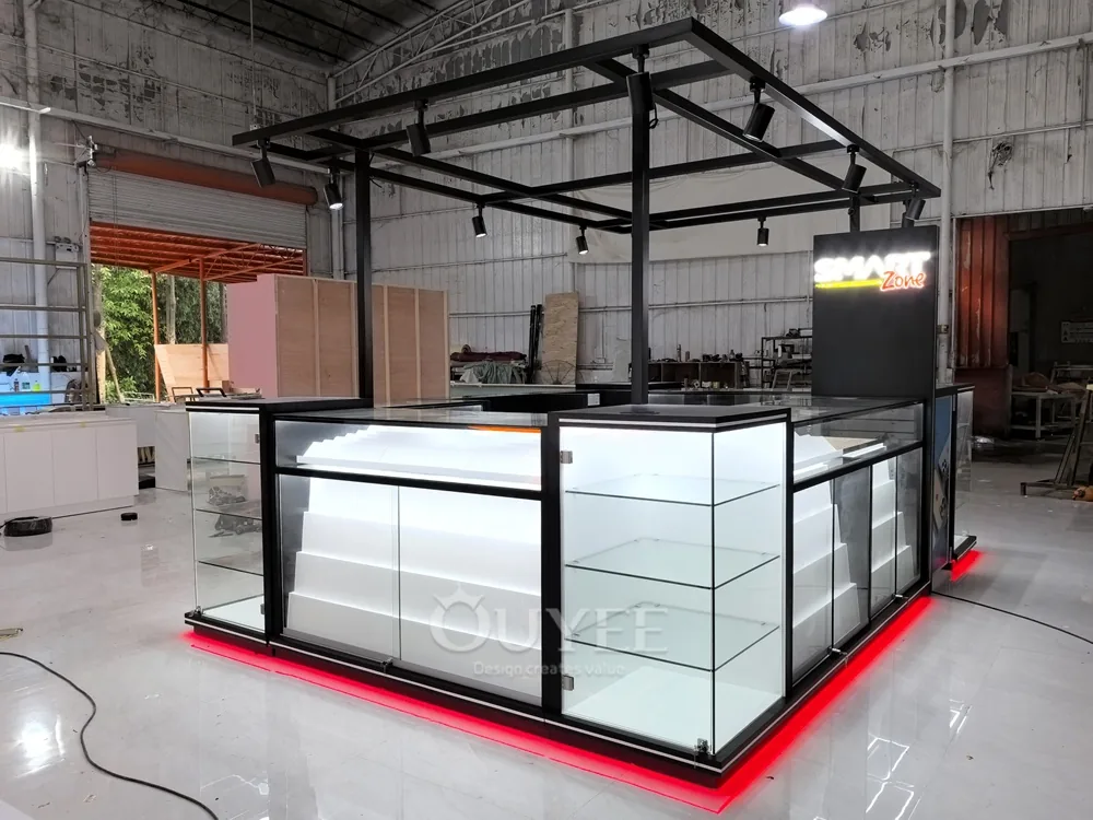 Black Framed Glass Showcase Kiosk with Canopy Lighting 03