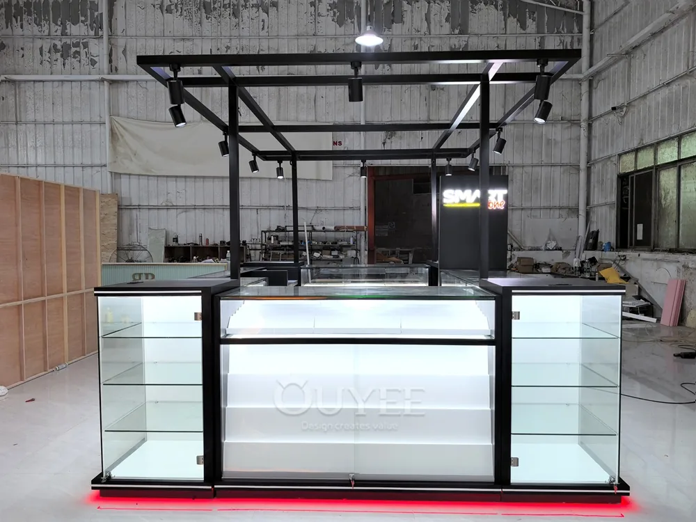Black Framed Glass Showcase Kiosk with Canopy Lighting 04