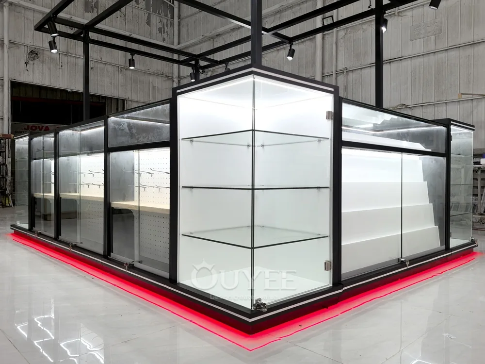 Black Framed Glass Showcase Kiosk with Canopy Lighting 05