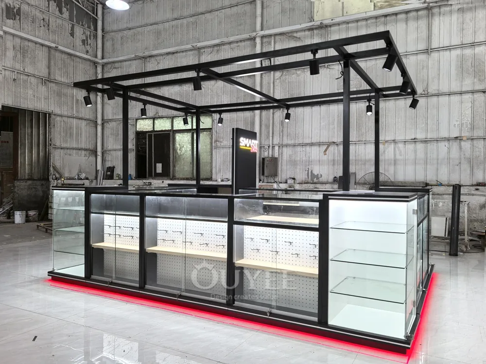Black Framed Glass Showcase Kiosk with Canopy Lighting 06