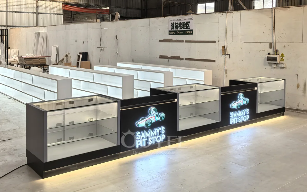 Black Front Retail Showcase Counter Set with Backlit Shelving 01