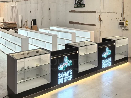 Black Front Retail Showcase Counter Set with Backlit Shelving 01