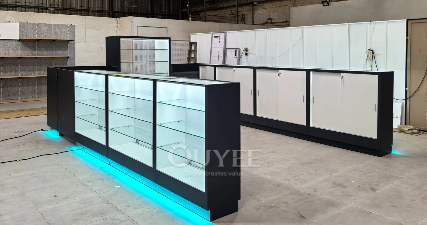 Black Front Retail Showcase Counter Set with Backlit Shelving 02