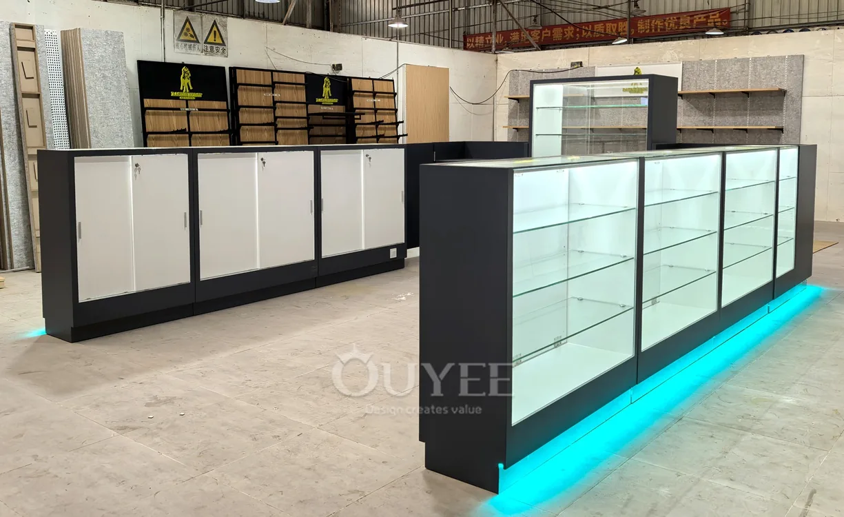 Black Front Retail Showcase Counter Set with Backlit Shelving 03