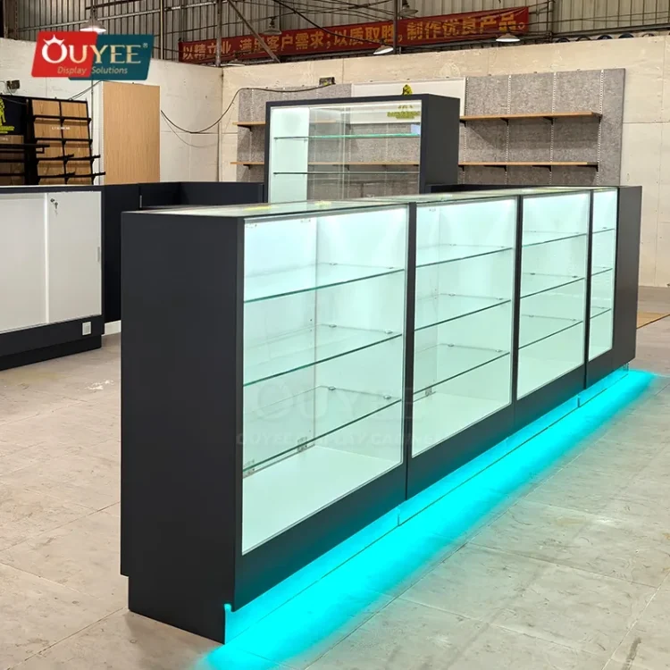Black Front Retail Showcase Counter Set with Backlit Shelving | Custom ...