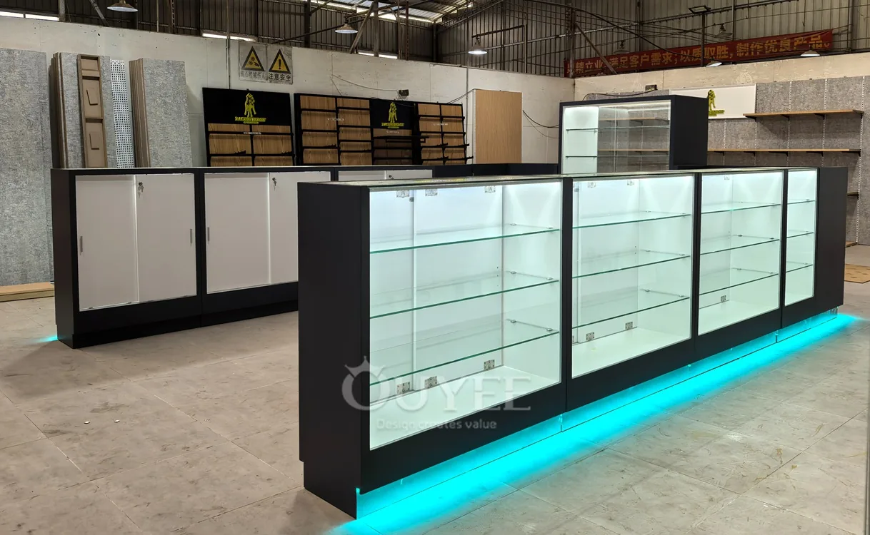 Black Front Retail Showcase Counter Set with Backlit Shelving 04