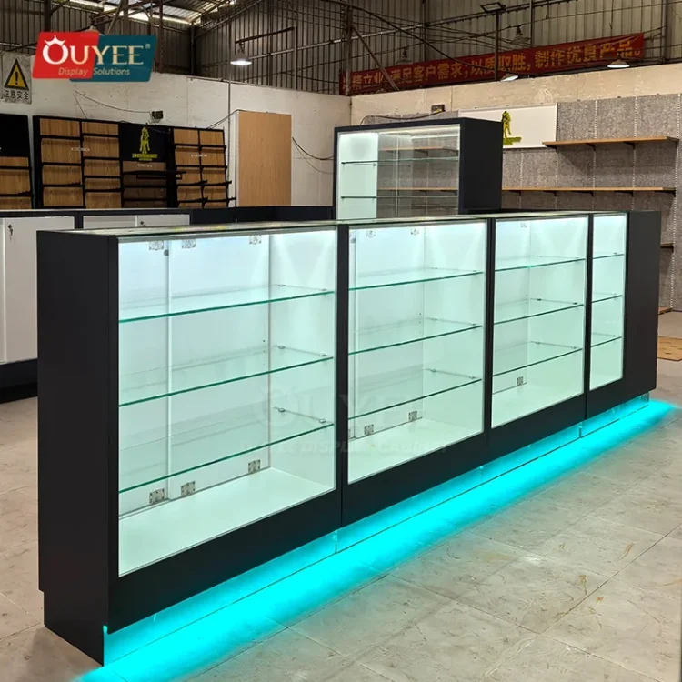 Black Front Retail Showcase Counter Set with Backlit Shelving | Custom ...