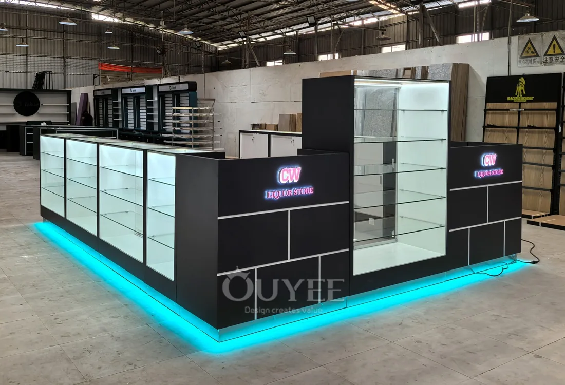 Black Front Retail Showcase Counter Set with Backlit Shelving 05