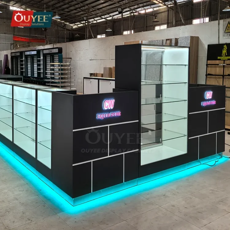 Black Front Retail Showcase Counter Set with Backlit Shelving | Custom ...