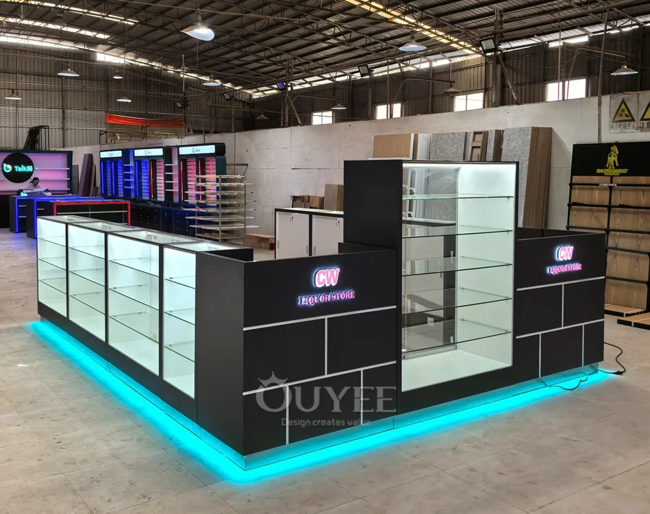 Black Front Retail Showcase Counter Set with Backlit Shelving 06