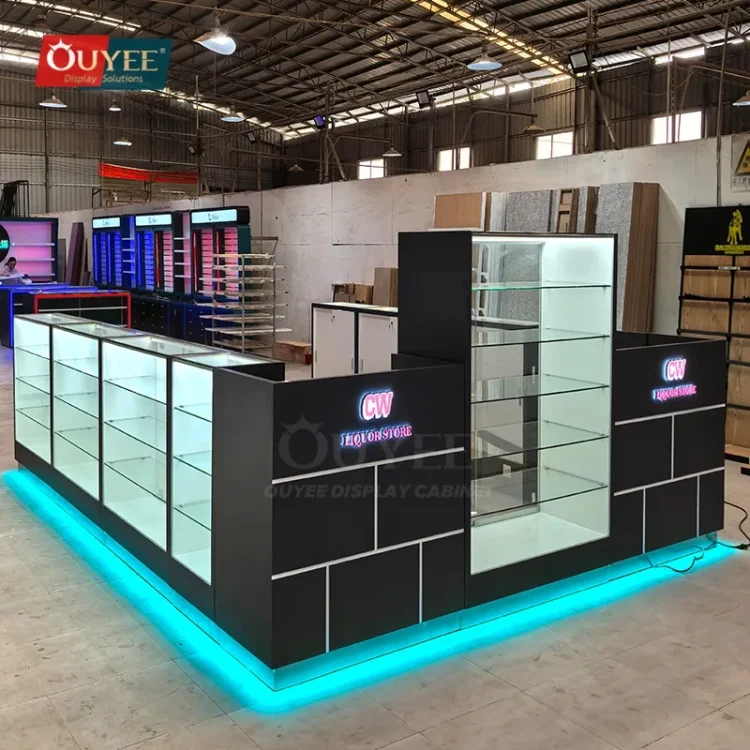 Black Front Retail Showcase Counter Set with Backlit Shelving | Custom ...
