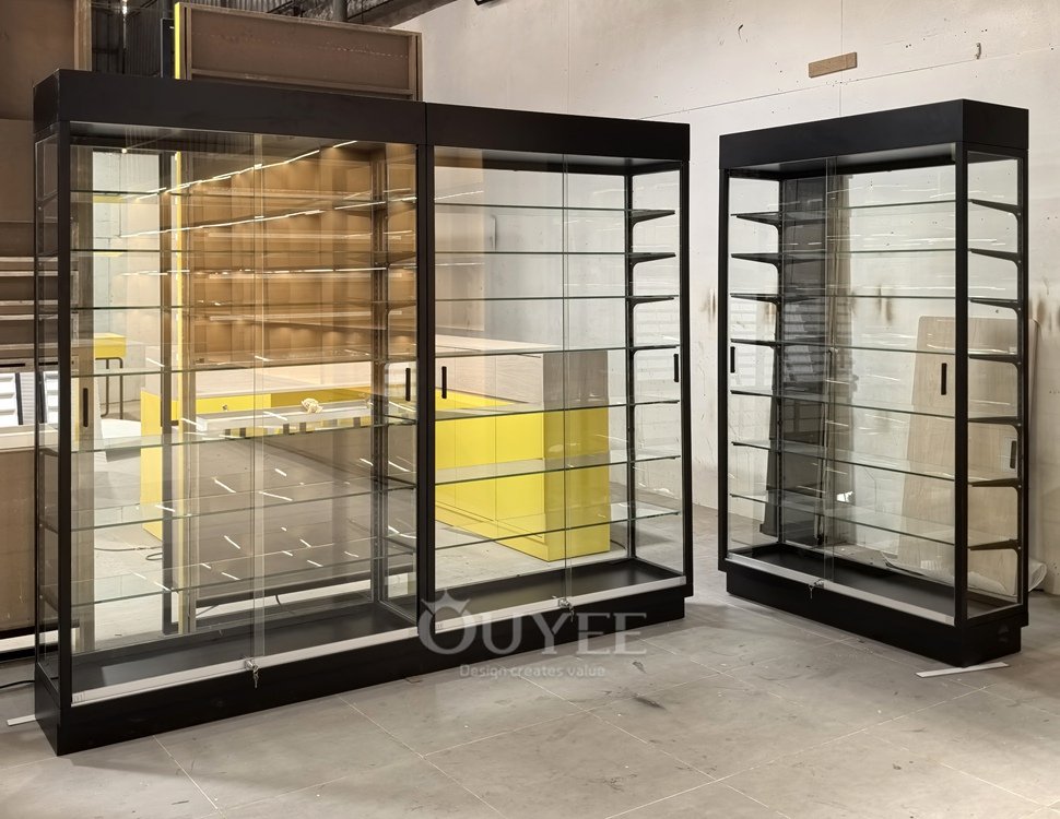 Black Glass Display Cabinet Set with Open Corner Layout 01