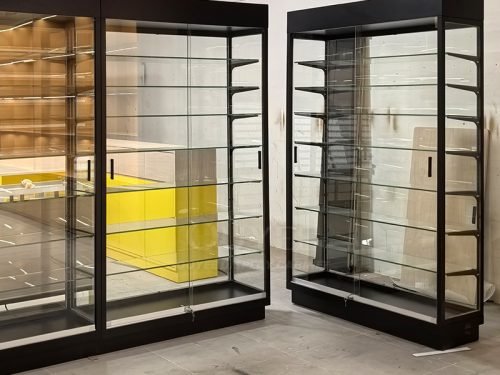 Black Glass Display Cabinet Set with Open Corner Layout 01
