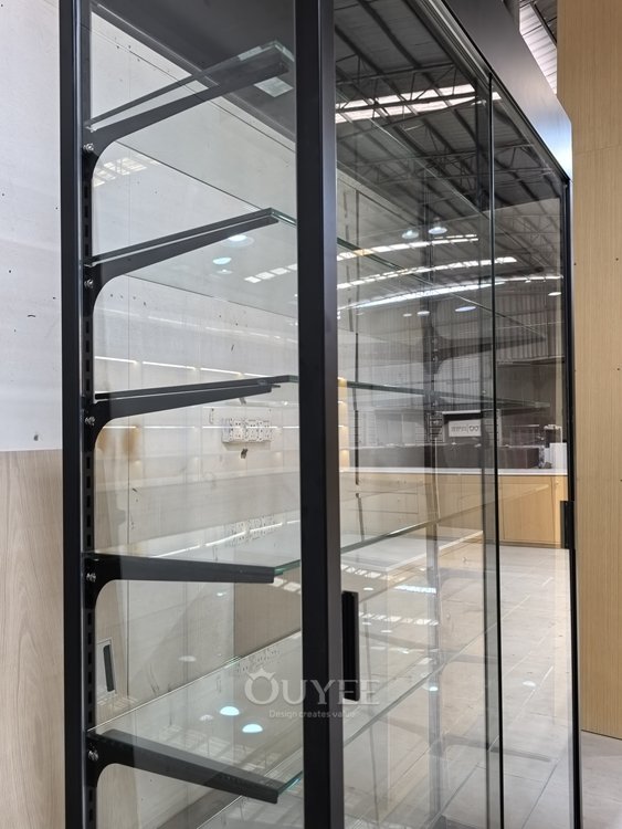 Black Glass Display Cabinet Set with Open Corner Layout 02