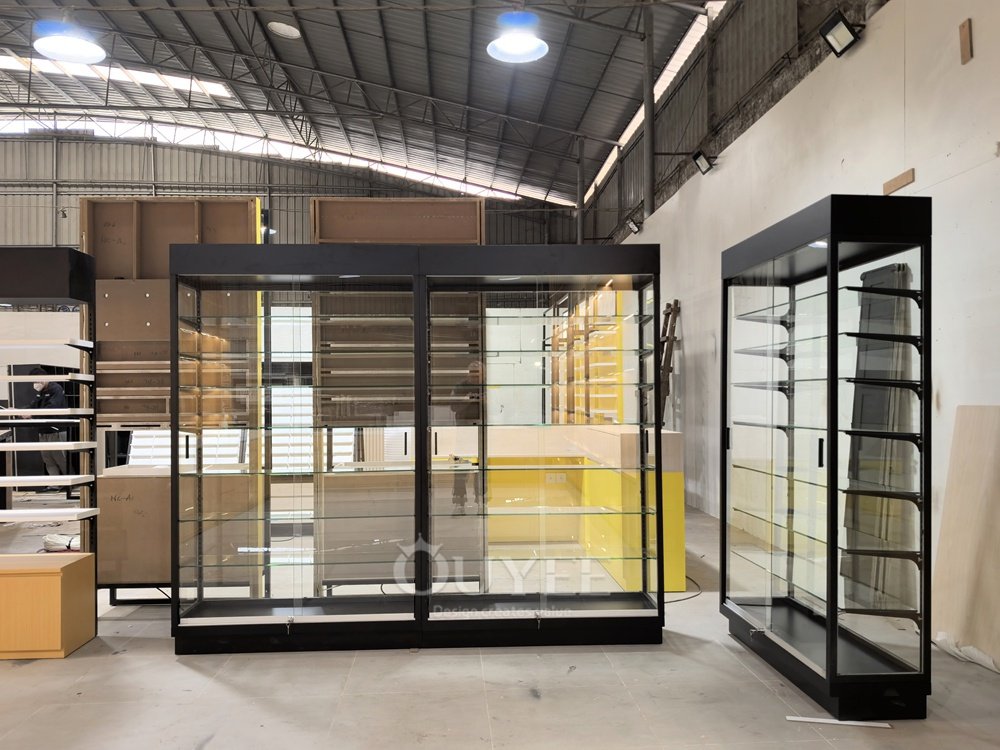 Black Glass Display Cabinet Set with Open Corner Layout 03