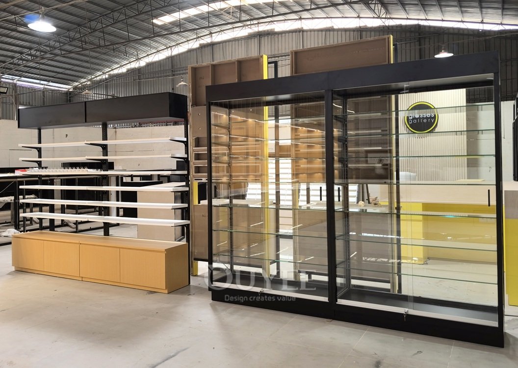 Black Glass Display Cabinet Set with Open Corner Layout 04