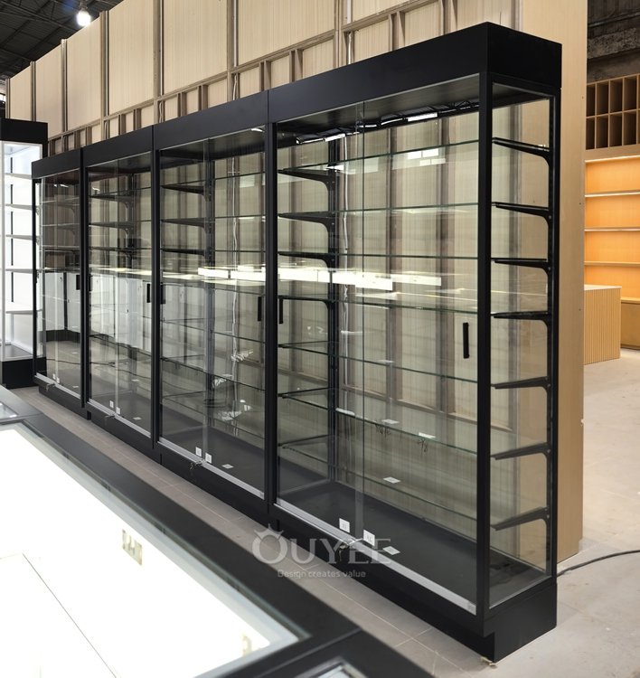 Black Glass Display Cabinet Set with Open Corner Layout 05