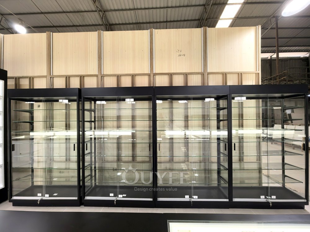 Black Glass Display Cabinet Set with Open Corner Layout 06