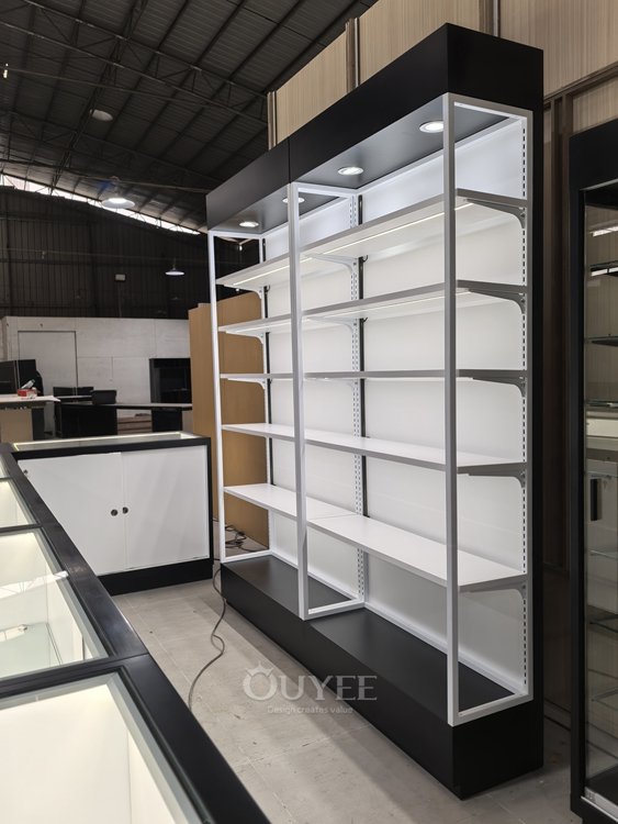 Black Glass Display Cabinet Set with Open Corner Layout 07