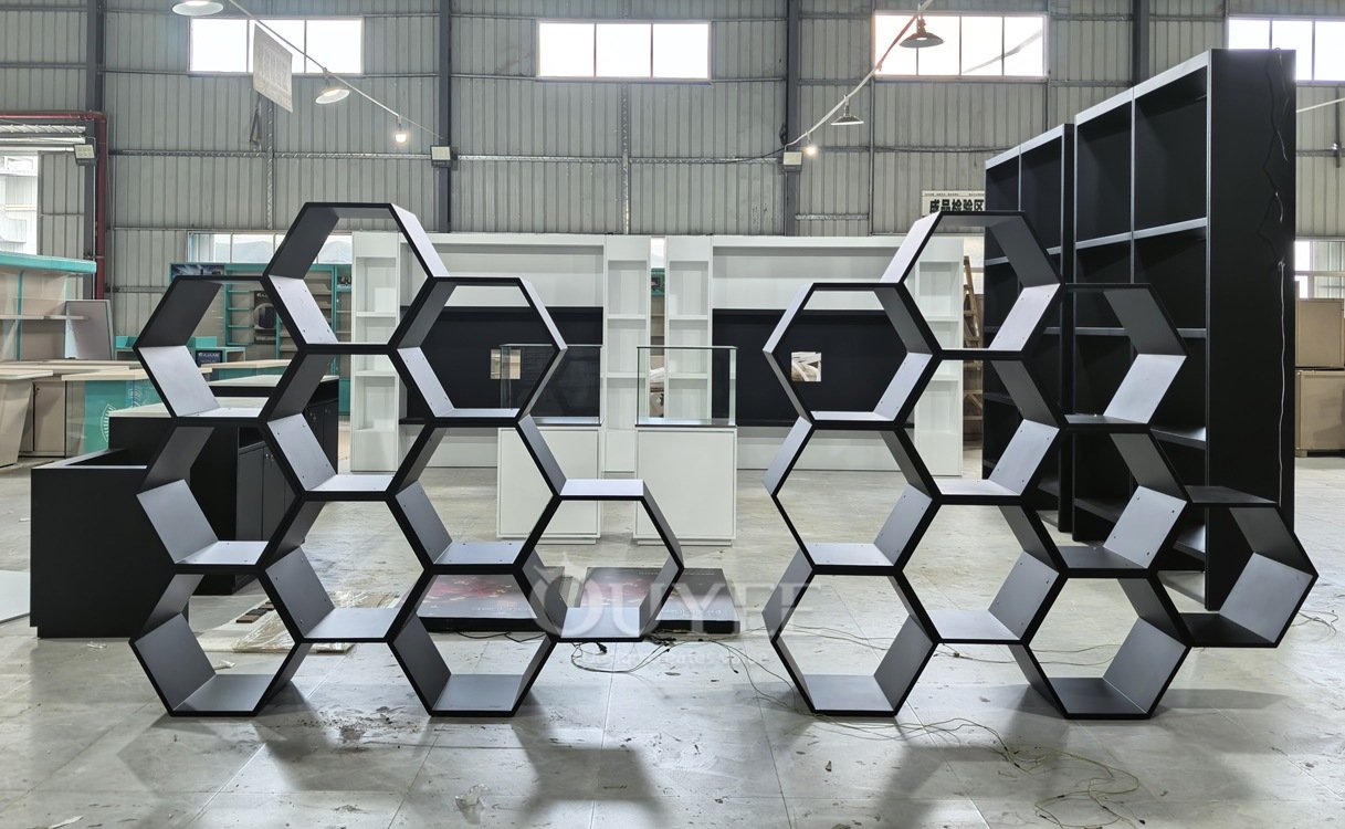 Black Hexagon Modular Display Stand Shelving 01