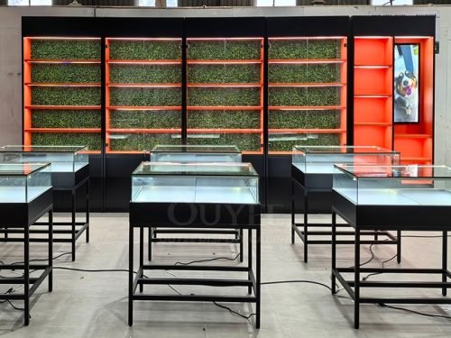 Black Metal Island Display Cabinet Set with Orange Accent Wall 01