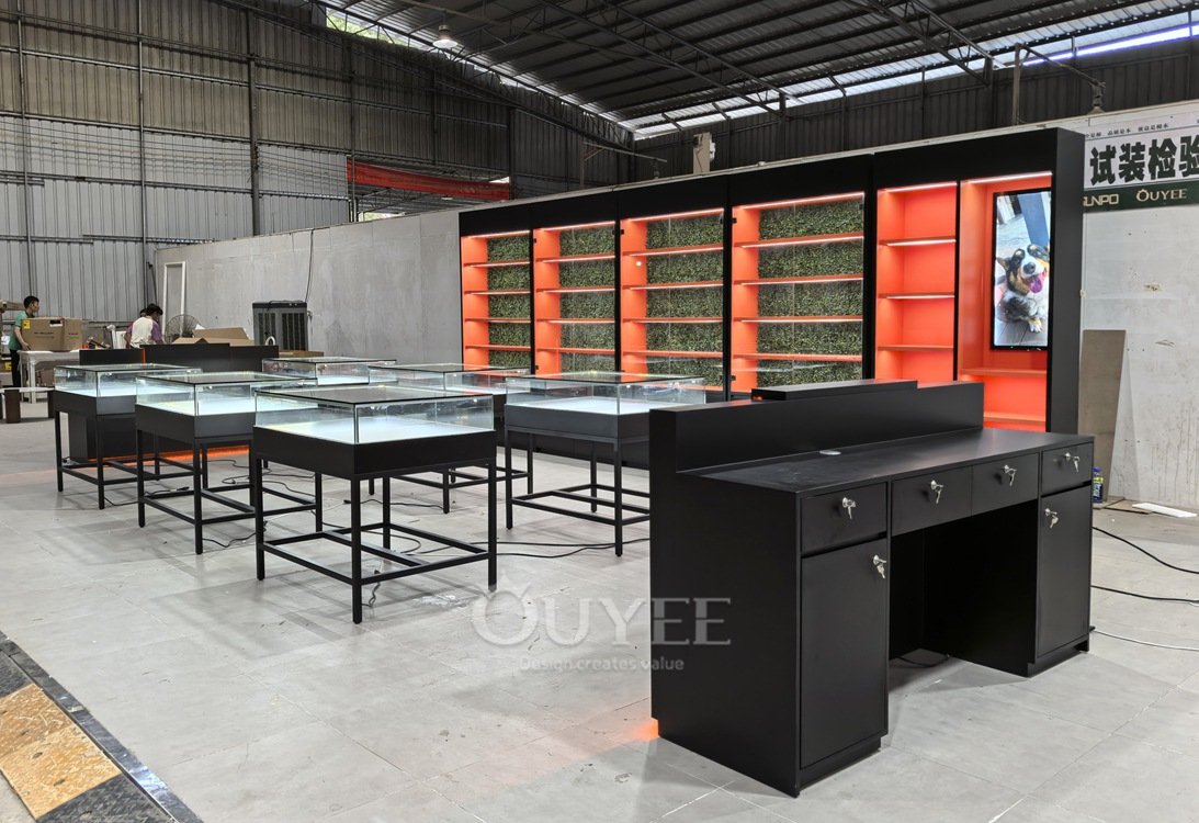 Black Metal Island Display Cabinet Set with Orange Accent Wall 02