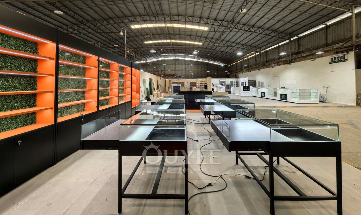 Black Metal Island Display Cabinet Set with Orange Accent Wall 04