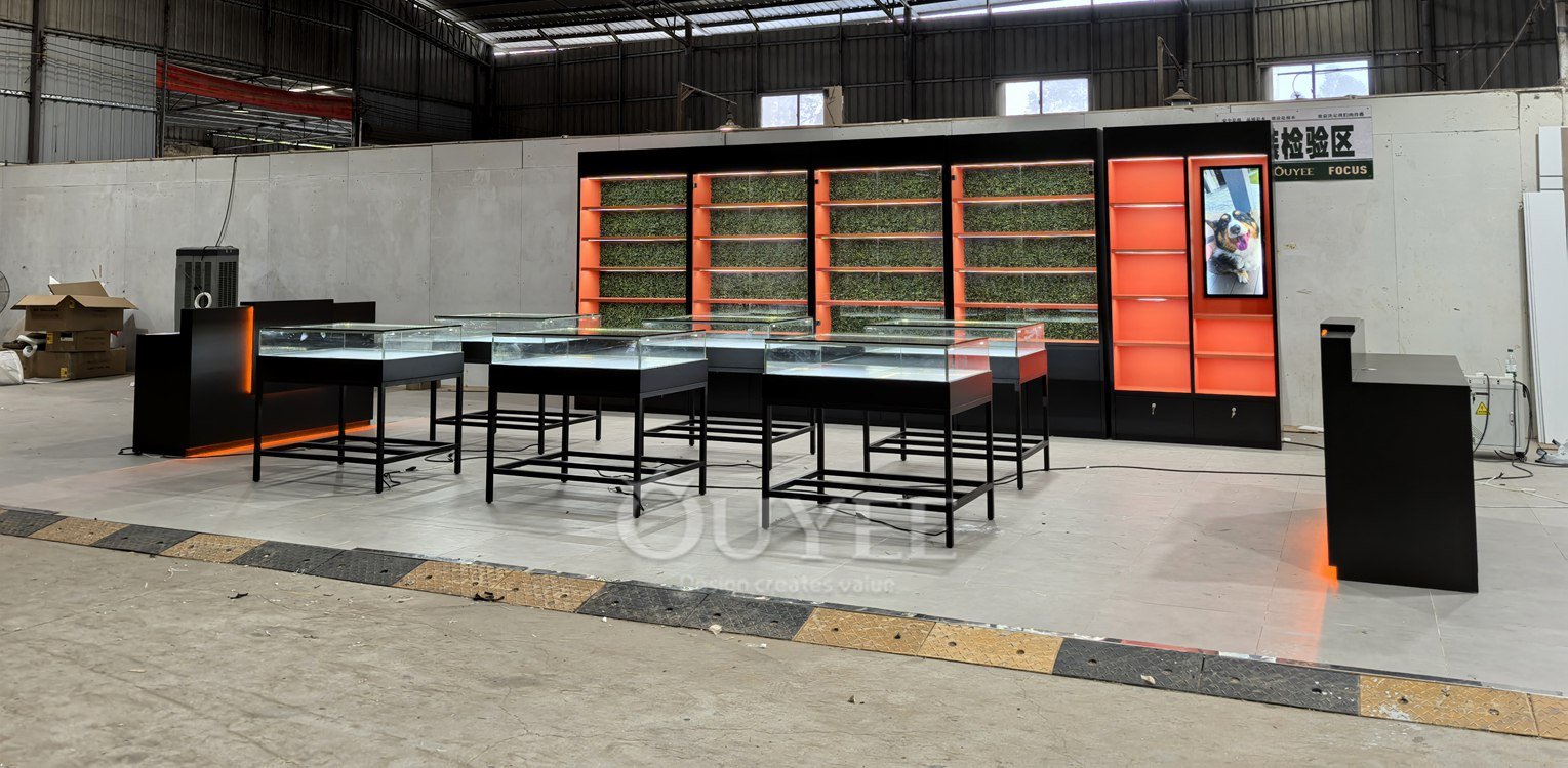 Black Metal Island Display Cabinet Set with Orange Accent Wall 05