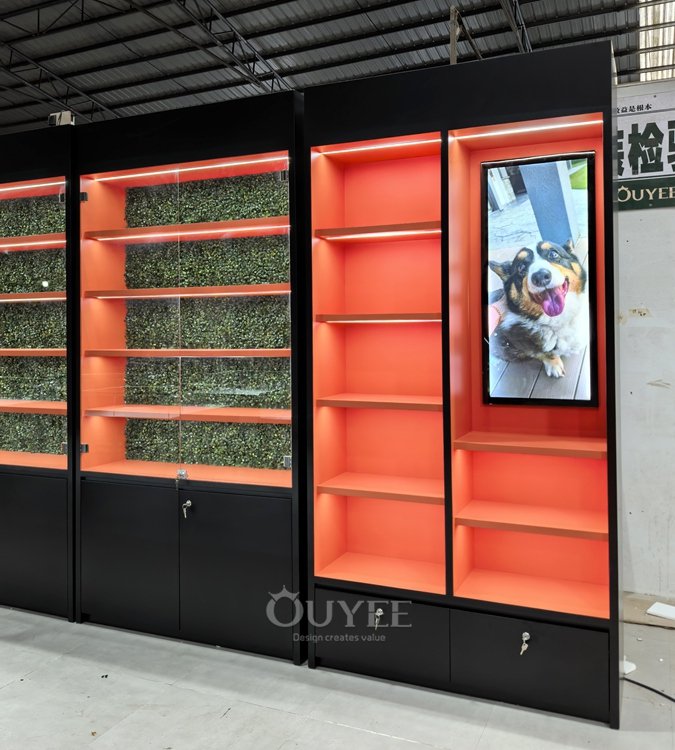 Black Metal Island Display Cabinet Set with Orange Accent Wall 07