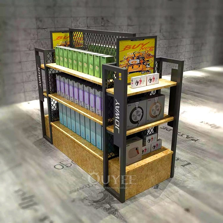 Black Metal Mesh Island Display Stand with Wood Base 01