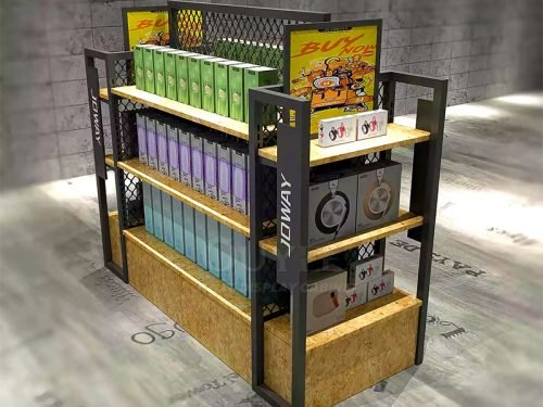 Black Metal Mesh Island Display Stand with Wood Base 01